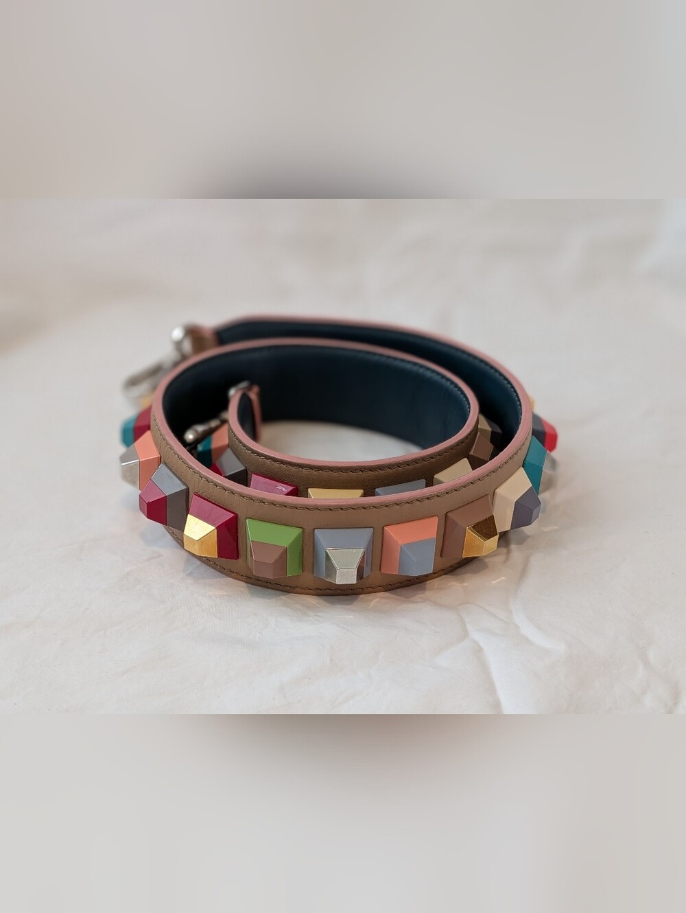 Fendi Taupe Leather Shoulder Strap with Multicolor Geometric Studs